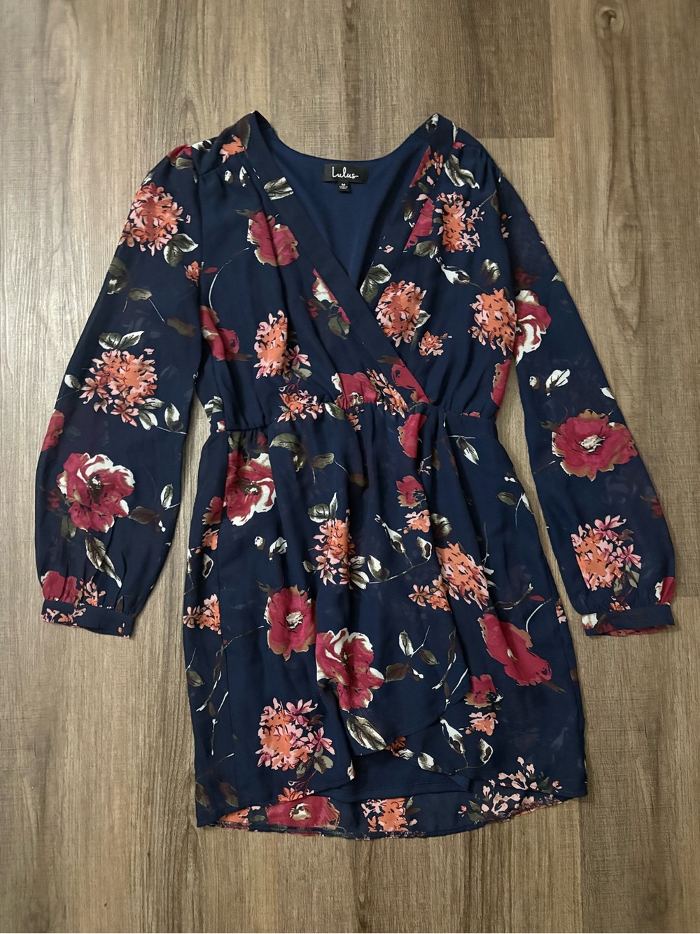 Lulu's Navy Floral Wrap-Style Long Sleeve Dress